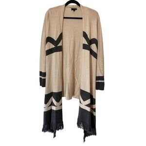 Tan Open Front Long Cardigan Black Fringe Hem & Geometric Pattern Medium
